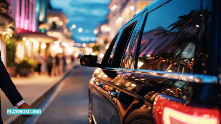 Chauffeur pickup at night in Key West, with a luxury vehicle ready for elegant event transportation.