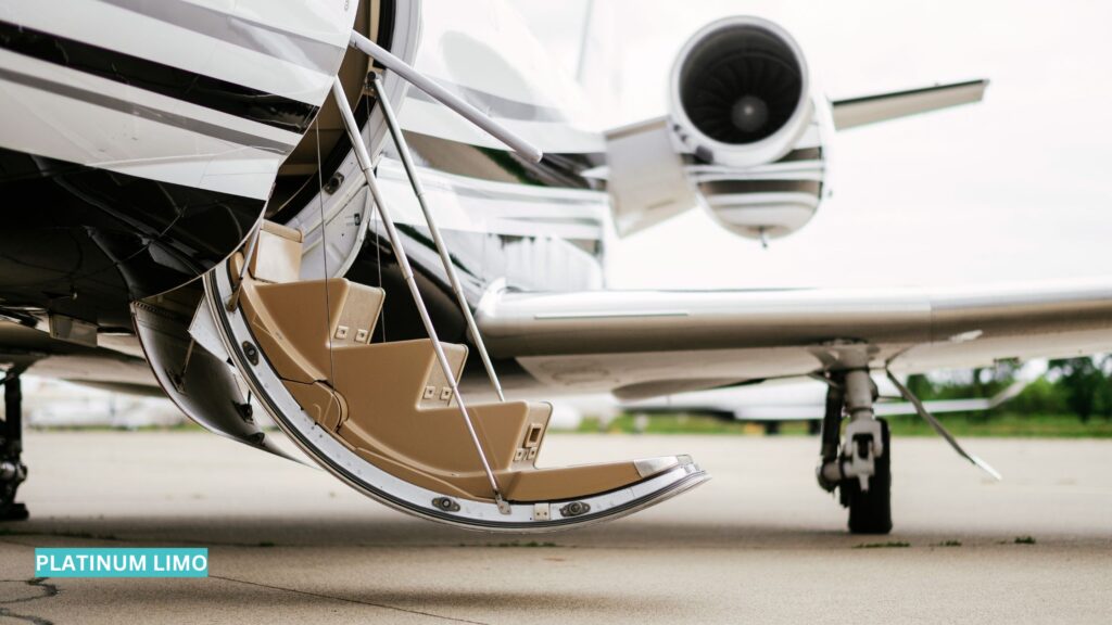 Closeup of a private plane in Key West with stairs down for exclusive FBO tarmac pickup.