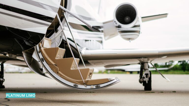 Closeup of a private plane in Key West with stairs down for exclusive FBO tarmac pickup.