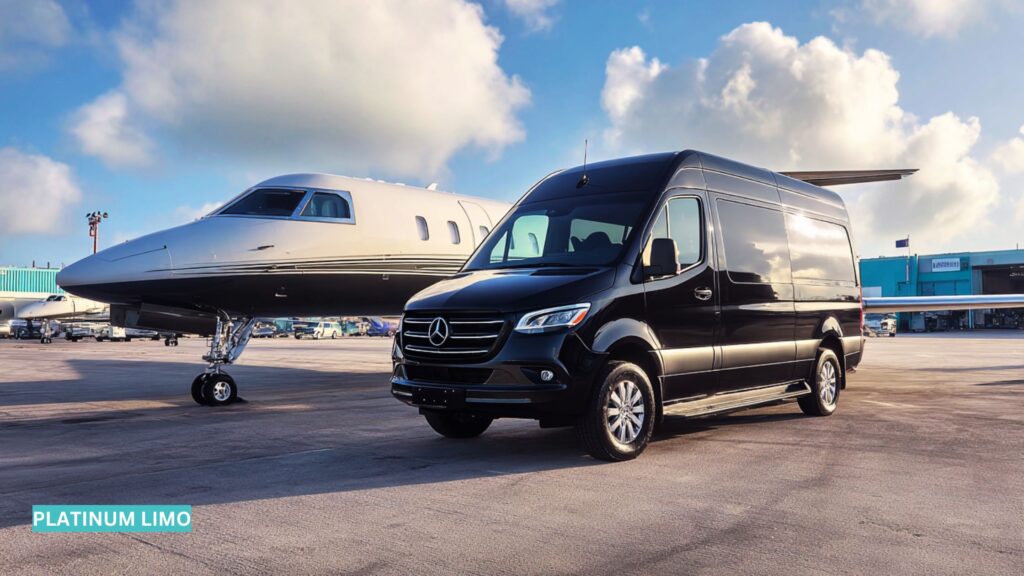 Black Mercedes Sprinter van providing luxury private jet ground transfer on the tarmac in Key West, parked beside a white private aircraft under a bright tropical sky.