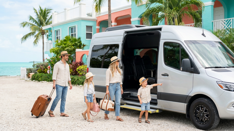 Happy multi‑generational family smiling outside a luxury silver Mercedes Sprinter van parked in the Florida Keys, ready for a sunny island‑hopping adventure.