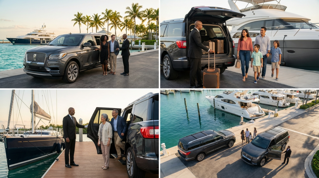 Chauffeured luxury SUV transferring yacht guests from airport to marina dock in sunny Florida Keys scenery.